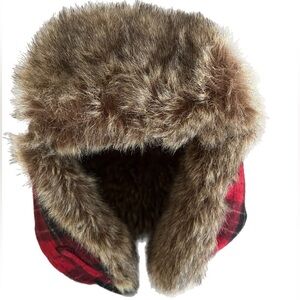 Hat Cap One Size Red  Plaid Faux Fur Insulated Ski Winter